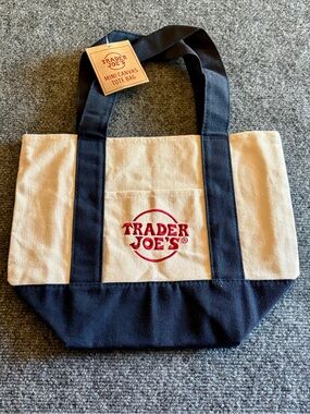 Trader Joe's Mini Canvas Tote Bag - Cream & Navy